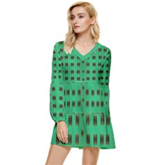 Butterflies In Fresh Green Environment Tiered Long Sleeve Mini Dress