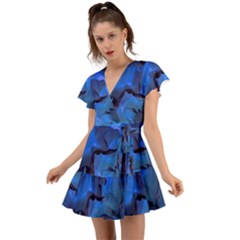 Peony In Blue Flutter Sleeve Wrap Dress