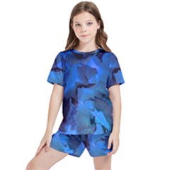 Peony In Blue Kids  Tee And Sports Shorts Set