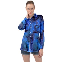 Peony In Blue Long Sleeve Satin Shirt