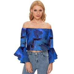 Peony In Blue Off Shoulder Flutter Bell Sleeve Top