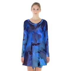 Peony In Blue Long Sleeve Velvet V-neck Dress