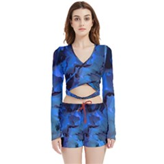 Peony In Blue Velvet Wrap Crop Top And Shorts Set