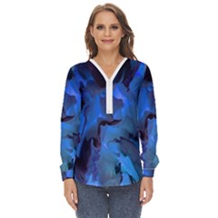 Peony In Blue Zip Up Long Sleeve Blouse