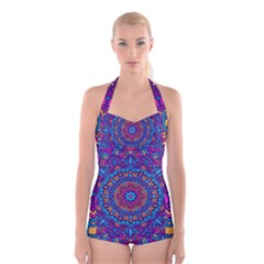 Vibrant Violet Mandala Boyleg Halter Swimsuit 