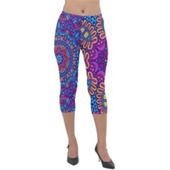 Vibrant Violet Mandala Lightweight Velour Capri Leggings  by lujastyles