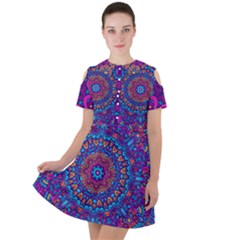 Vibrant Violet Mandala Short Sleeve Shoulder Cut Out Dress  by lujastyles