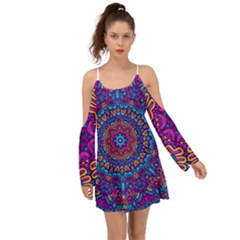 Vibrant Violet Mandala Kimono Sleeves Boho Dress by lujastyles