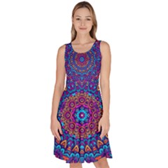 Vibrant Violet Mandala Knee Length Skater Dress With Pockets