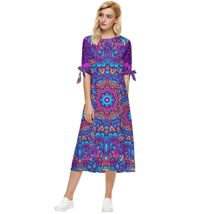 Vibrant Violet Mandala Bow Sleeve Chiffon Midi Dress