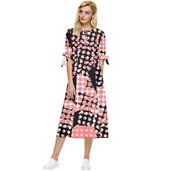 Abstrait Effet Formes Noir/rose Bow Sleeve Chiffon Midi Dress