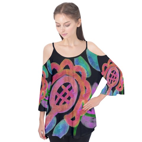 Big Pink Flower Abstract Art Long Sleeve Cold Shoulder Top by Arttowear