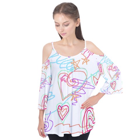 Scribbled Hearts Abstract Art To Wear Long Sleeve Cold Shoulder Top by Arttowear