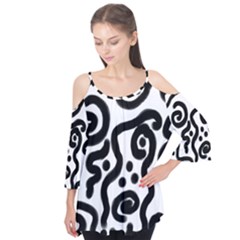 Black And White Abstract Art Long Sleeve Cold Shoulder Top