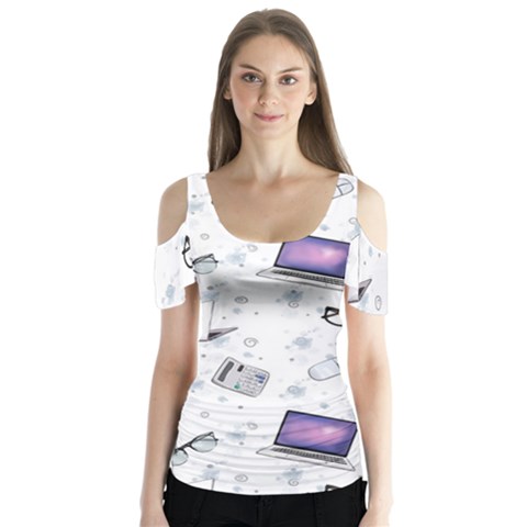 Computer Work Butterfly Sleeve Cutout Tee  by SychEva