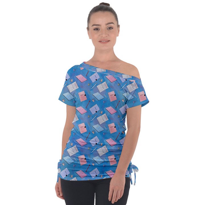 Notepads Pens And Pencils Off Shoulder Tie-Up Tee