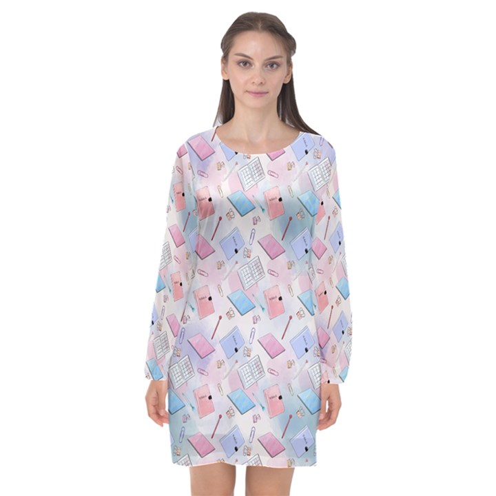 Notepads Pens And Pencils Long Sleeve Chiffon Shift Dress 