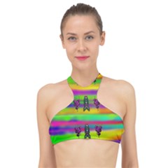 Mermaids And Unicorn Colors For Flower Joy High Neck Bikini Top by pepitasart