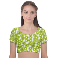 Kiwi Pattern Velvet Short Sleeve Crop Top  by Valentinaart