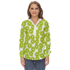 Kiwi Pattern Zip Up Long Sleeve Blouse