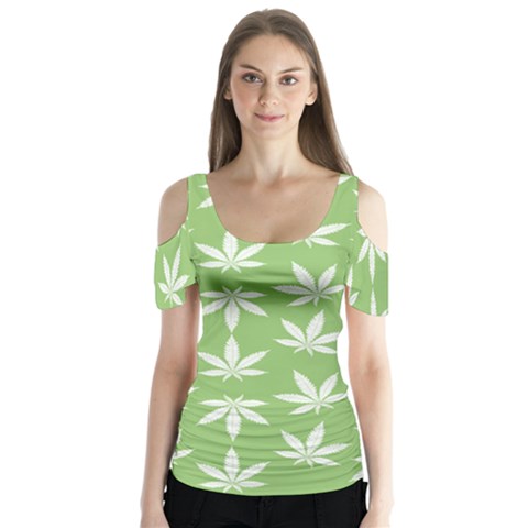 Weed Pattern Butterfly Sleeve Cutout Tee  by Valentinaart