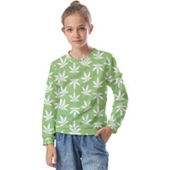 Weed Pattern Kids  Long Sleeve Tee With Frill 