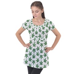 Weed Pattern Puff Sleeve Tunic Top