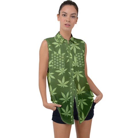 Weed Pattern Sleeveless Chiffon Button Shirt by Valentinaart