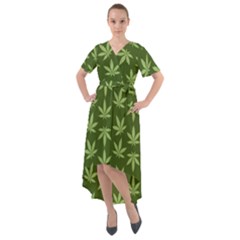 Weed Pattern Front Wrap High Low Dress