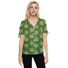 Weed Pattern Bow Sleeve Button Up Top