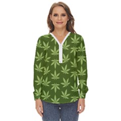 Weed Pattern Zip Up Long Sleeve Blouse