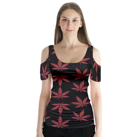 Weed Pattern Butterfly Sleeve Cutout Tee  by Valentinaart