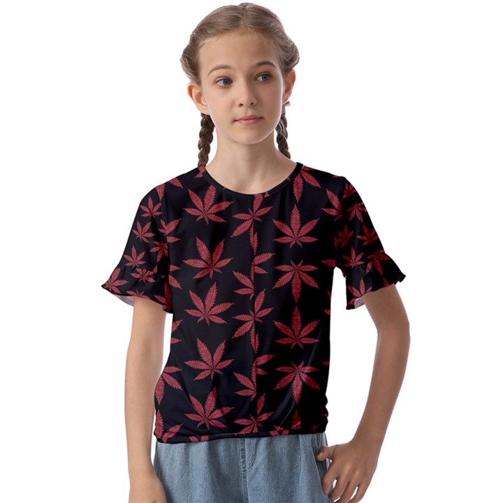 Weed Pattern Kids  Cuff Sleeve Scrunch Bottom Tee