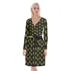 Weed Pattern Long Sleeve Velvet Front Wrap Dress