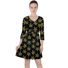 Weed Pattern Quarter Sleeve Ruffle Waist Dress