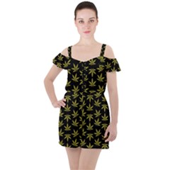 Weed Pattern Ruffle Cut Out Chiffon Playsuit