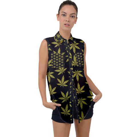 Weed Pattern Sleeveless Chiffon Button Shirt by Valentinaart