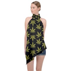 Weed Pattern Halter Asymmetric Satin Top