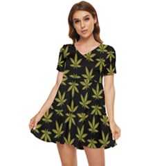 Weed Pattern Tiered Short Sleeve Babydoll Dress