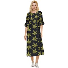 Weed Pattern Double Cuff Midi Dress