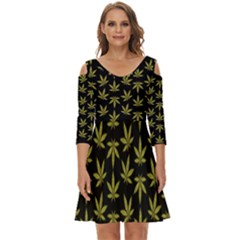 Weed Pattern Shoulder Cut Out Zip Up Dress