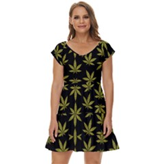 Weed Pattern Short Sleeve Tiered Mini Dress