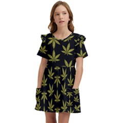 Weed Pattern Kids  Frilly Sleeves Pocket Dress