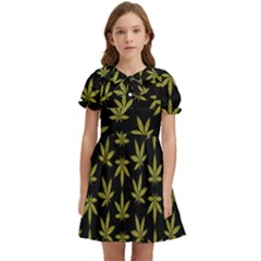 Weed Pattern Kids  Bow Tie Puff Sleeve Dress