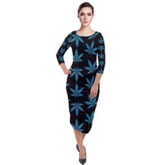 Weed Pattern Quarter Sleeve Midi Velour Bodycon Dress