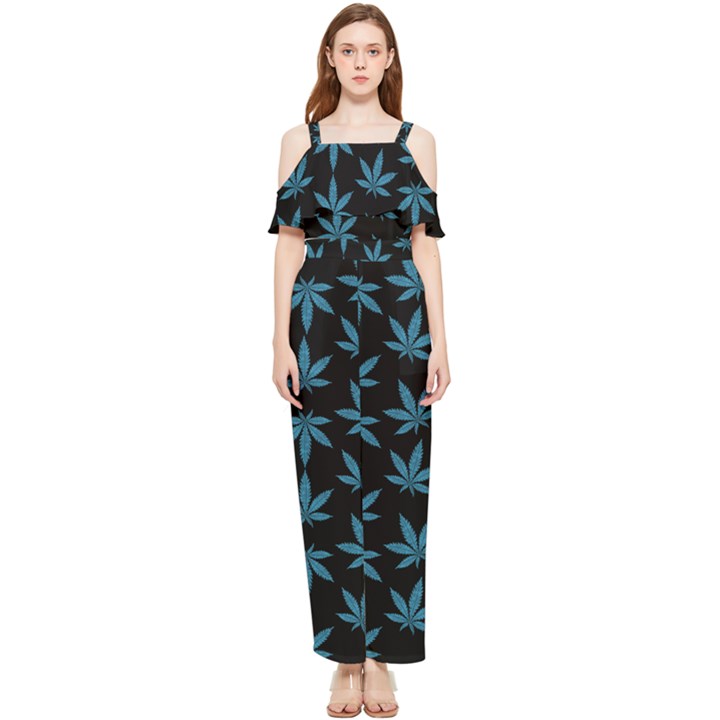 Weed Pattern Draped Sleeveless Chiffon Jumpsuit