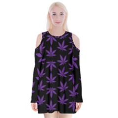 Weed Pattern Velvet Long Sleeve Shoulder Cutout Dress by Valentinaart