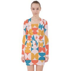 Geometric Pattern V-neck Bodycon Long Sleeve Dress by Valentinaart