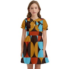 Geometric Pattern Kids  Bow Tie Puff Sleeve Dress