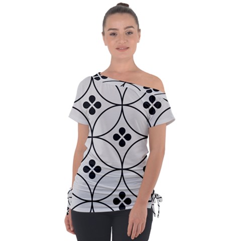 Black And White Pattern Off Shoulder Tie-up Tee by Valentinaart